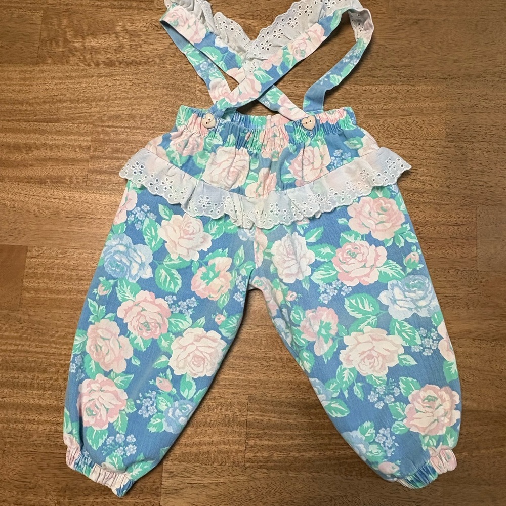 Vintage floral 90’s Blue Kids Bottoms with Lace Trim